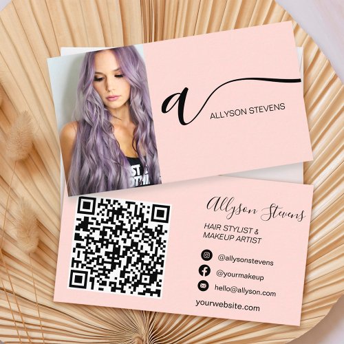 Blush pink hair makeup photo initial qr code business card