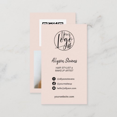 Blush pink hair makeup photo logo simple qr code business card