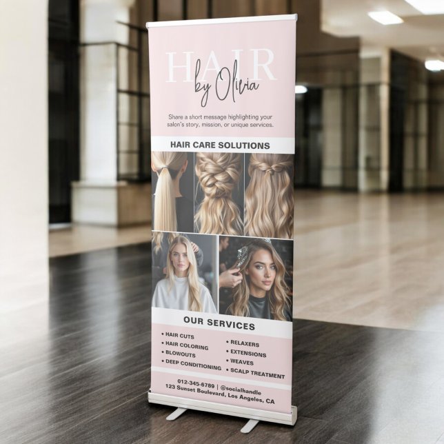Blush Pink Hair Salon Monogram Services Photo Retractable Banner (Creator Uploaded)