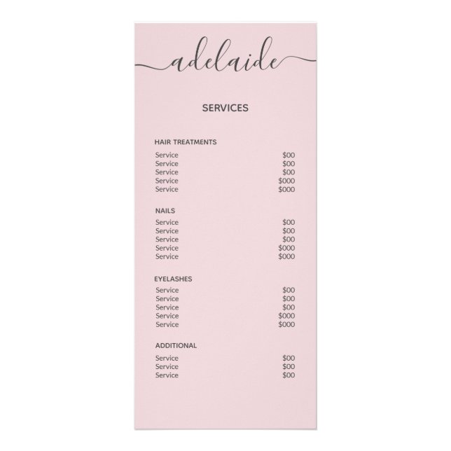 Blush Pink Hair Salon Price List Service Menu (Back)