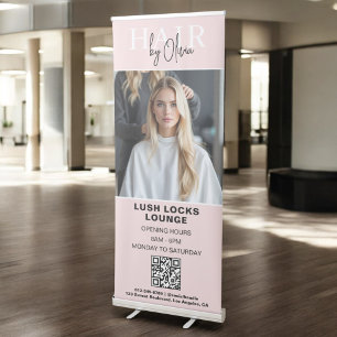 Blush Pink Hair Salon QR Code Monogram Photo Retractable Banner