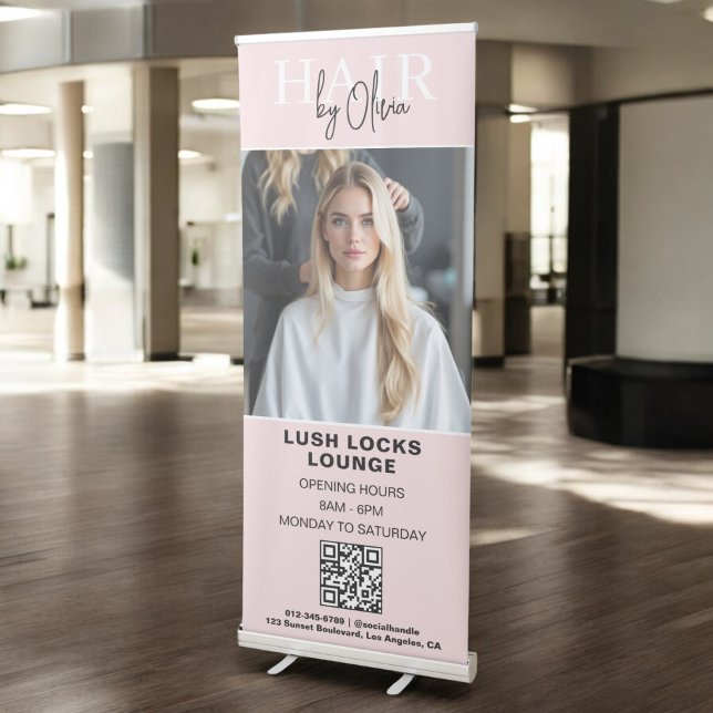 Blush Pink Hair Salon QR Code Monogram Photo Retractable Banner (Creator Uploaded)