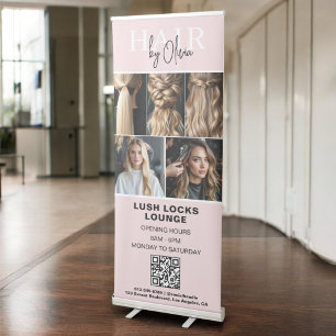 Blush Pink Hair Salon QR Code Monogram Photo Retractable Banner