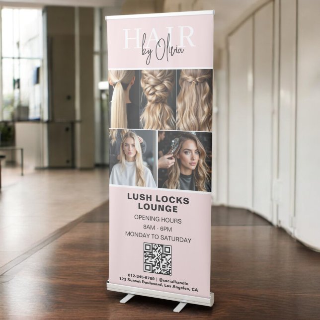 Blush Pink Hair Salon QR Code Monogram Photo Retractable Banner (Creator Uploaded)