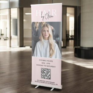 Blush Pink Hair Salon QR Code Monogram Photo Retractable Banner