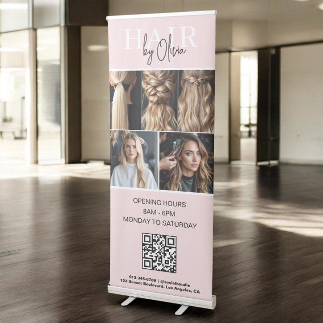 Blush Pink Hair Salon QR Code Monogram Photo Retractable Banner (Creator Uploaded)