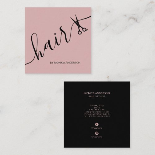 Blush Pink Hair Script Stylist Scissors Square Business Card