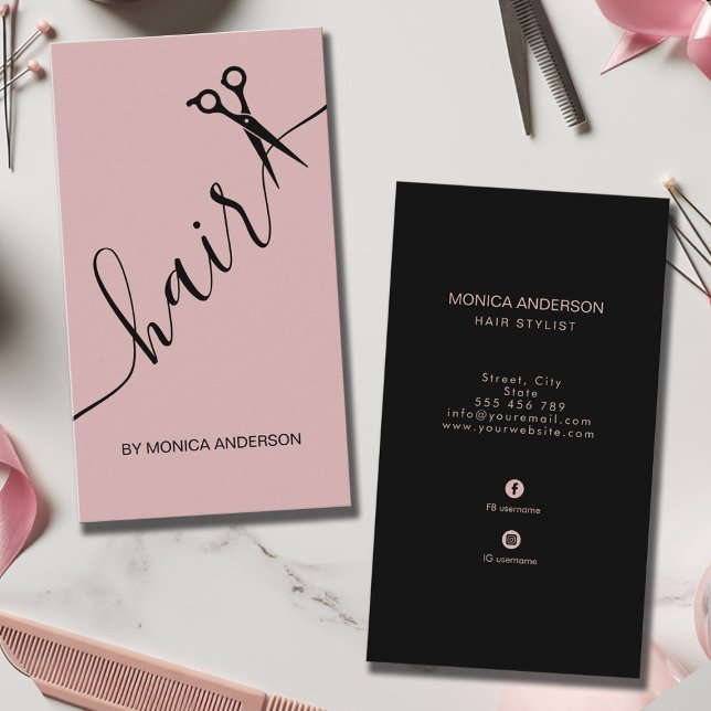 Blush Pink Hair Script Stylist Scissors Vertical Business Card (Blush Pink Hair Script Stylist Scissors Vertical Business Card)