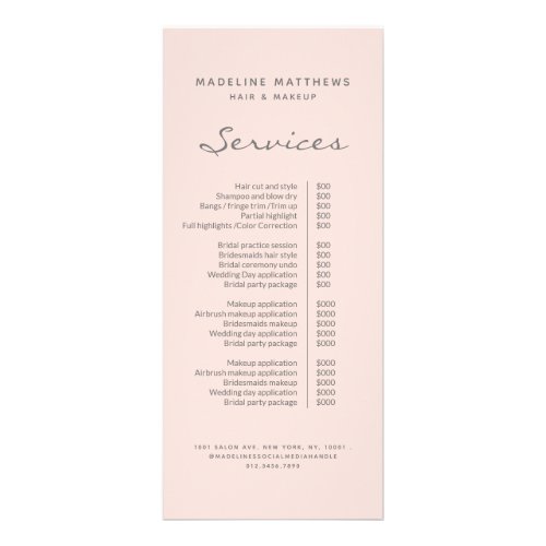 Blush Pink Hair Stylist QR Code Service Price List Rack Card