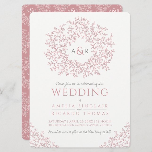 Blush pink hand drawn leaf monogram art wedding invitation (Front/Back)