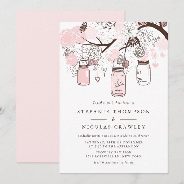 Blush Pink Hanging Mason Jars Wedding Invitation (Front/Back)