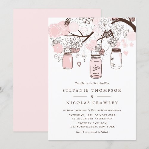 Blush Pink Mason Jars &amp; Flowers Wedding Invitation