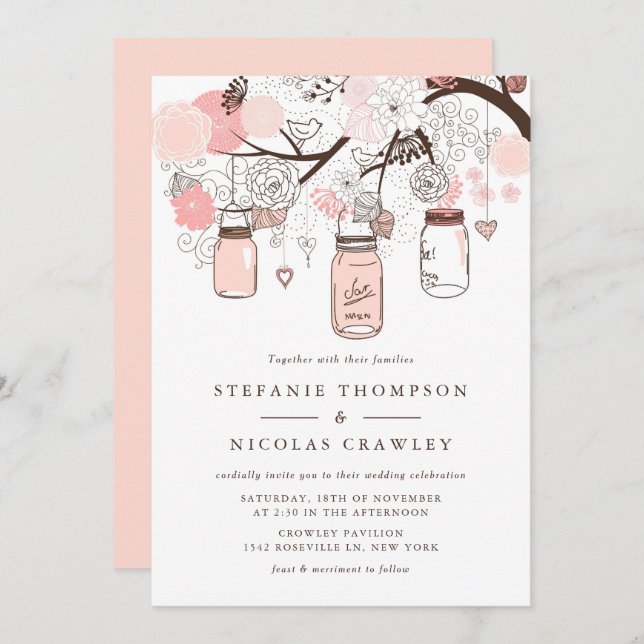 Blush Pink Hanging Mason Jars Wedding Invitation (Front/Back)