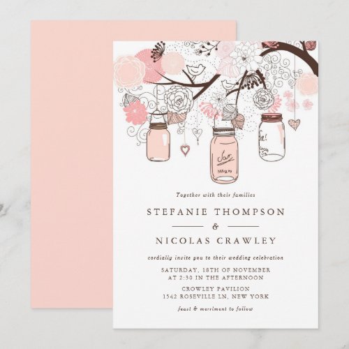 Pink Mason Jars and Love Birds Wedding Invitation