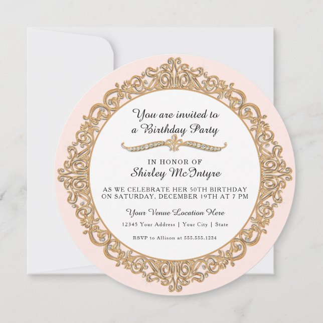 Blush Pink Happy 50th Birthday Gold Jewel Glam Invitation (Back)