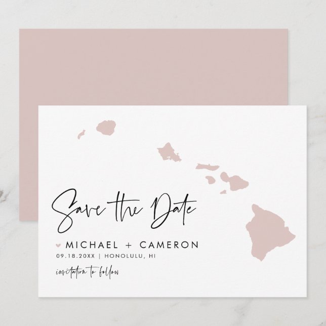 Blush Pink Hawaii Map Modern Minimalist Script Save The Date (Front/Back)