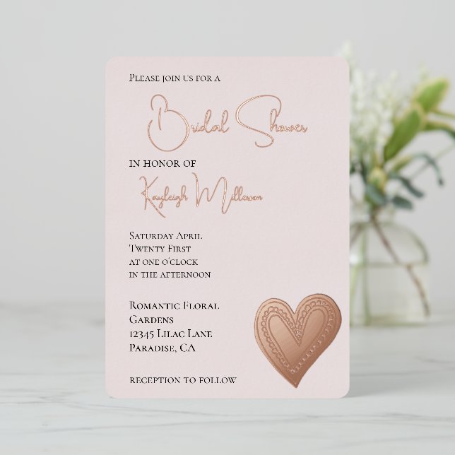 Blush Pink Heart Bridal Shower Foil Invitation (Standing Front)