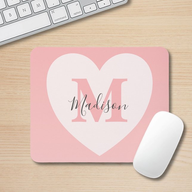 Blush Pink Heart Custom Monogram Name  Mouse Pad (Creator Uploaded)
