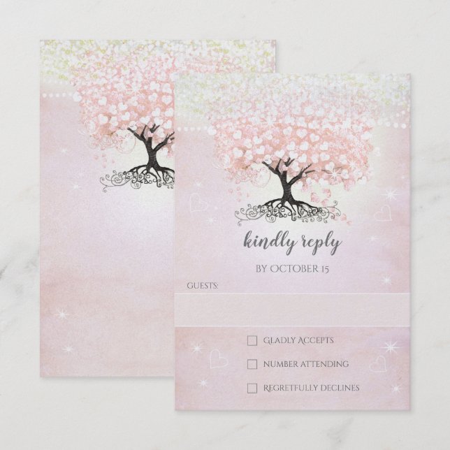 Blush Pink Heart Leaf Tree Country Wedding RSVP In Invitation (Front/Back)