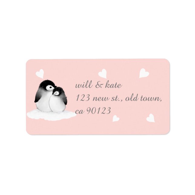 Blush Pink Heart Penguin Address Labels (Front)