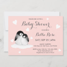 Blush Pink Heart Penguin Baby Shower Invitations