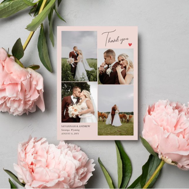 Blush Pink Heart Wedding Photos Thank You Note Card (Creator Uploaded)