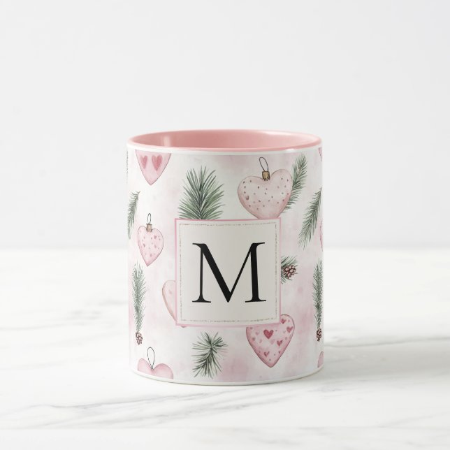 Blush Pink Hearts Christmas Monogram Mug (Center)