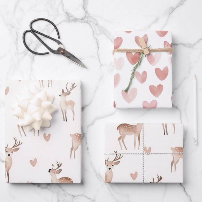 Blush Pink Hearts Cream Deer Christmas Wrapping Paper Sheets (Front)