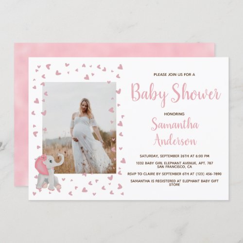 Blush Pink Hearts Elephant Baby Shower Photo Invitation