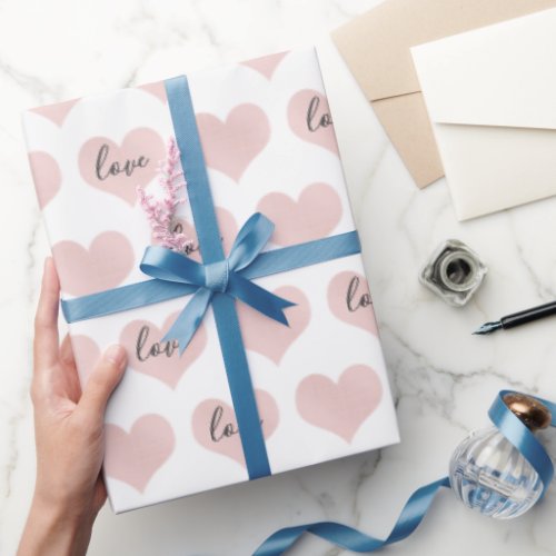 Blush Pink Hearts Love Text Wrapping Paper