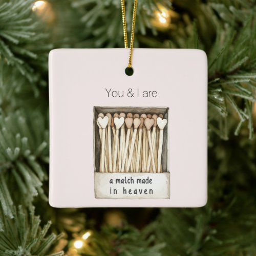 Blush pink Hearts Match Made in Heaven Christmas Ceramic Ornament