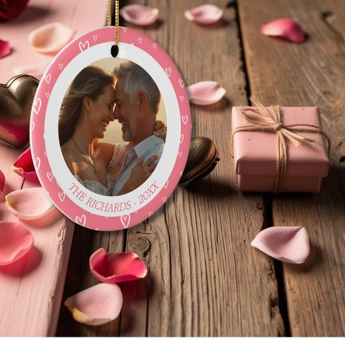 Blush Pink Hearts with Personalized Photo Design Ceramic Ornament