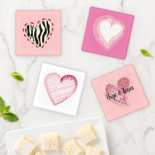 Blush Pink Hearts Zebra Print Coaster Set