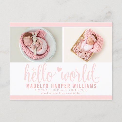 Blush Pink Hello World Photo Birth Stat Announcement Postcard