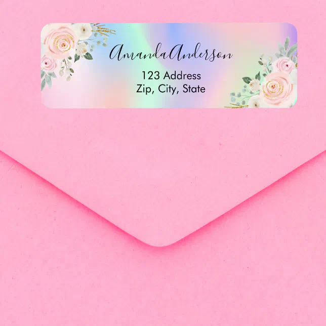 Blush pink holographic floral return address label Zazzle