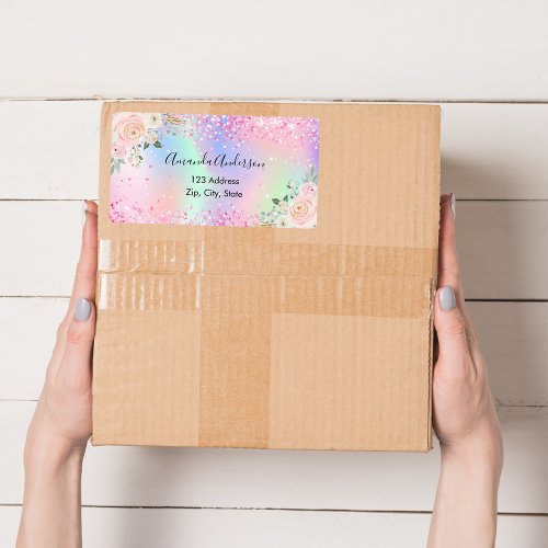 Blush pink holographic floral return address label