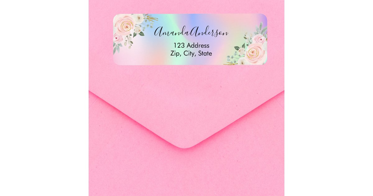 Blush pink holographic floral return address label | Zazzle