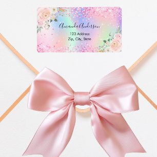 Blush pink holographic floral return address label