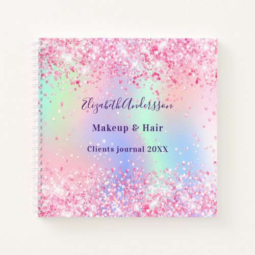 Blush pink holographic glitter name business notebook