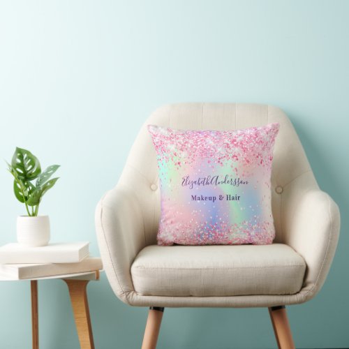 Blush pink holographic glitter name business throw pillow