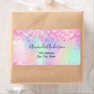Blush pink holographic glitter return address label