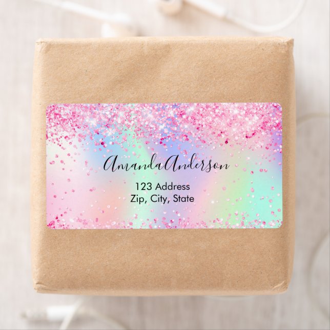 Blush pink holographic glitter return address label (Insitu)