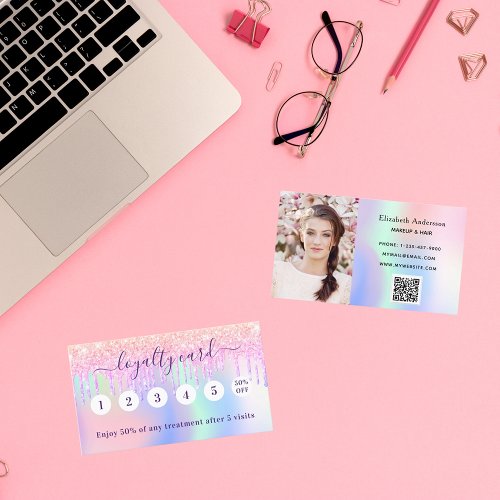 Blush pink holograpic glitter qr code photo loyalty card