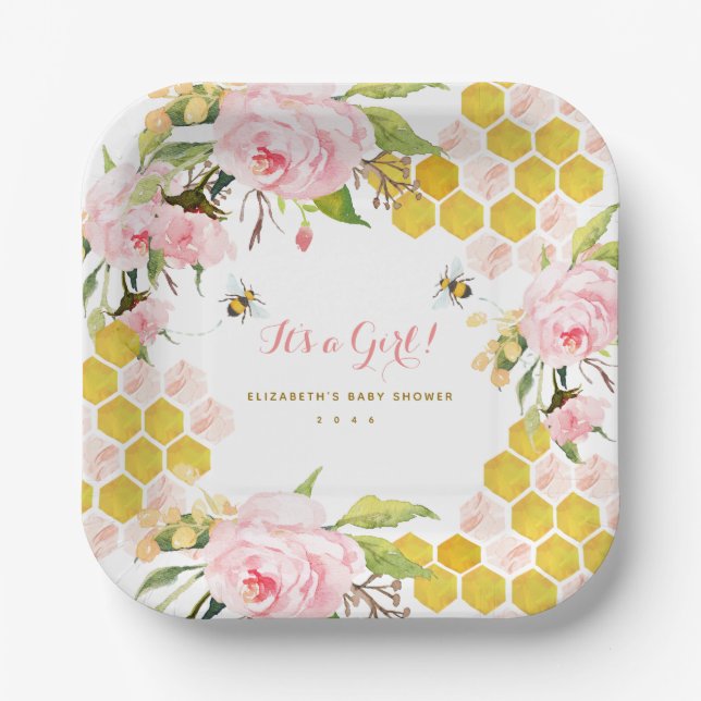 Blush Pink Honey Bee Baby Shower Paper Plate (Front)