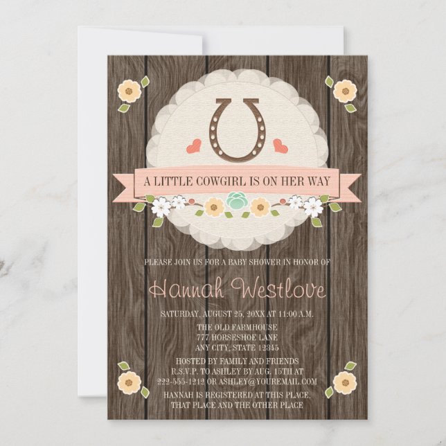 BLUSH PINK HORSESHOE WESTERN COWGIRL BABY SHOWER INVITATION (Front)