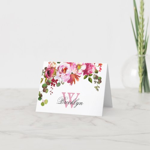 Blush Pink Hot Pink Floral Monogrammed Note Card