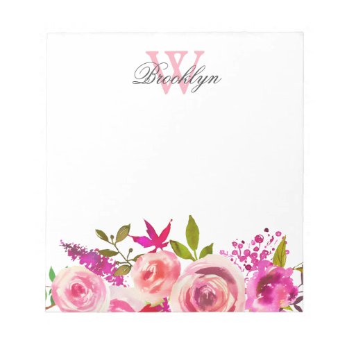 Blush Pink Hot Pink Garden Floral Monogrammed Note