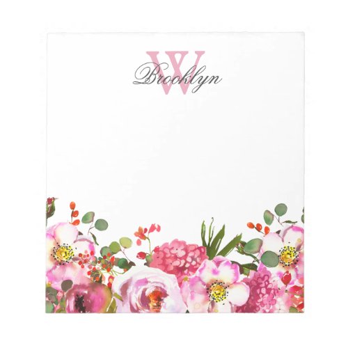 Blush Pink Hot Pink Garden Floral Monogrammed Notepad