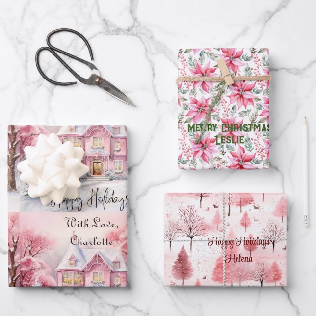 Blush Pink House Christmas Tree Poinsettia Custom Wrapping Paper Sheets (Front)