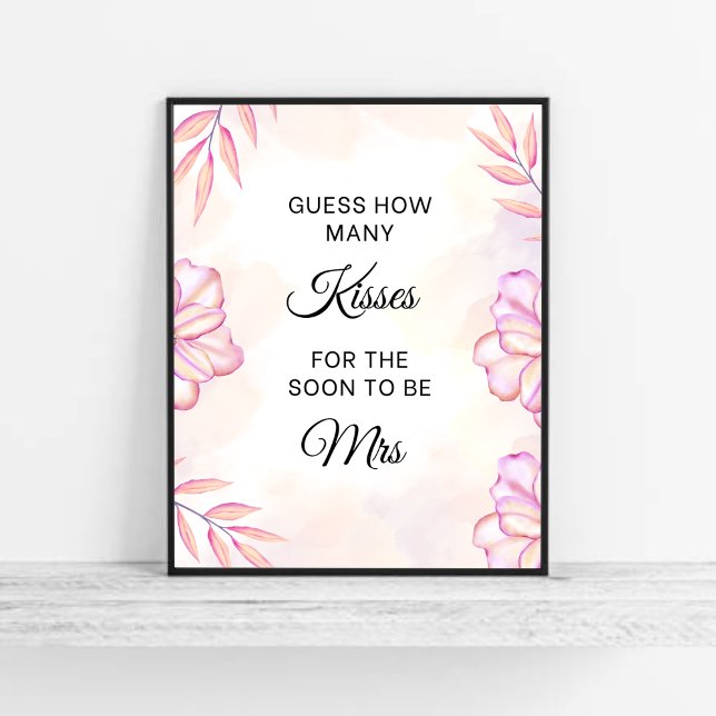 Blush Pink How Many Kisses Bridal Shower Game Poster (Pink Floral Guess How Many Kisses Bridal Shower Game )